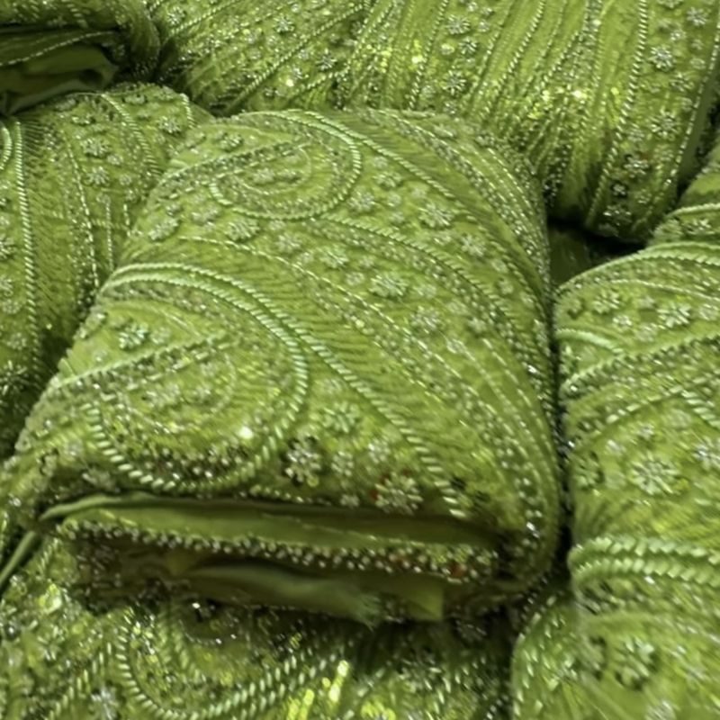 Olive green beaded lace fabric